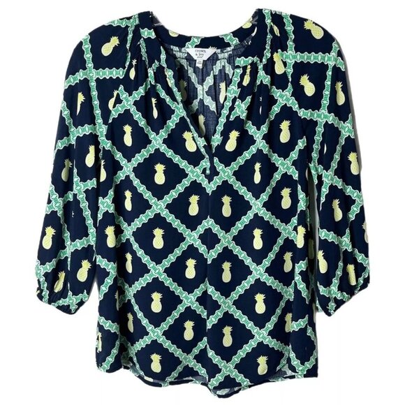 Crown & Ivy Women's Peasant Top PS Pineapple Print Navy Blue 3/4 Sleeve Blouse - Picture 1 of 8